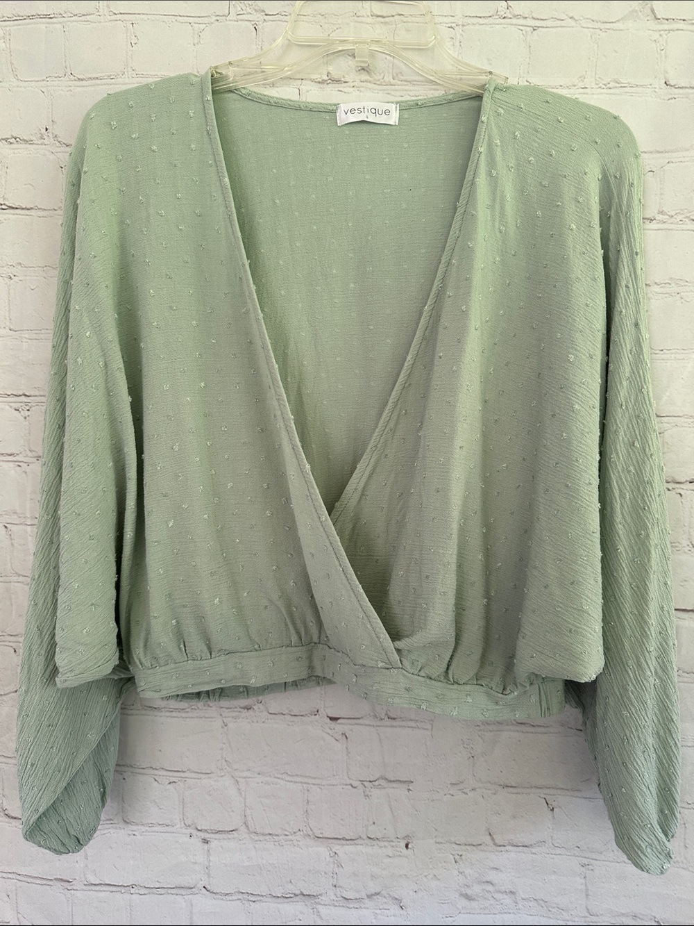 vestique Light Sea Foam Green Wrap-Front Dotted Texture Blouse size L